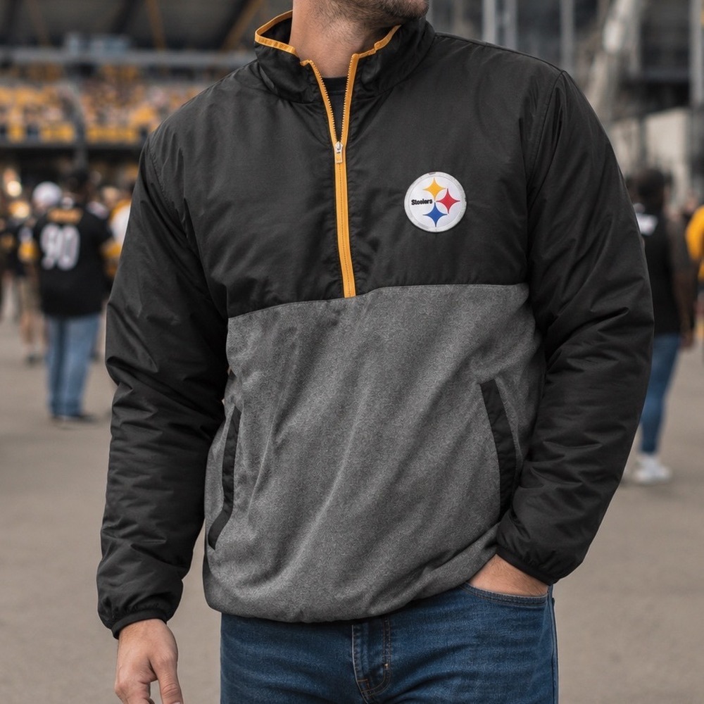 NFL Pittsburgh Steelers Mens XXL 1/4 Zip Fleece Nylon Hybrid Pullover Jacket Q3